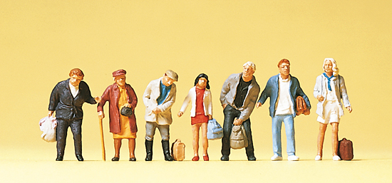 7 personnages attendants le train ou le bus